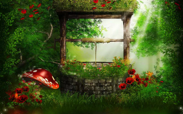 Magical forest HD PC desktop wallpaper: artistic fantasy scene of a stone well beneath a wooden frame, glowing mushroom and red flowers amid sunlit green foliage.