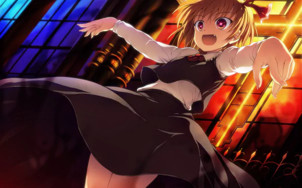 Rumia (Touhou) anime HD PC desktop wallpaper background — energetic Rumia reaching forward in a black dress against a glowing stained-glass backdrop.