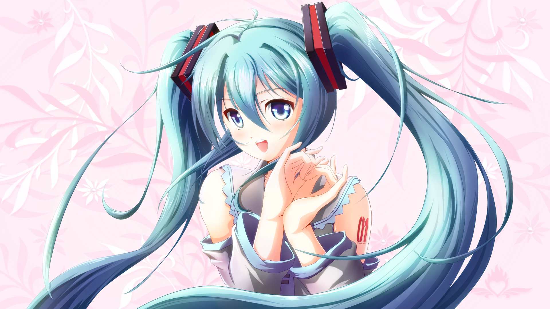 Vibrant 4K Ultra HD anime wallpaper featuring Hatsune Miku, the iconic Vocaloid character, with flowing aqua twin-tails against a soft pink background.