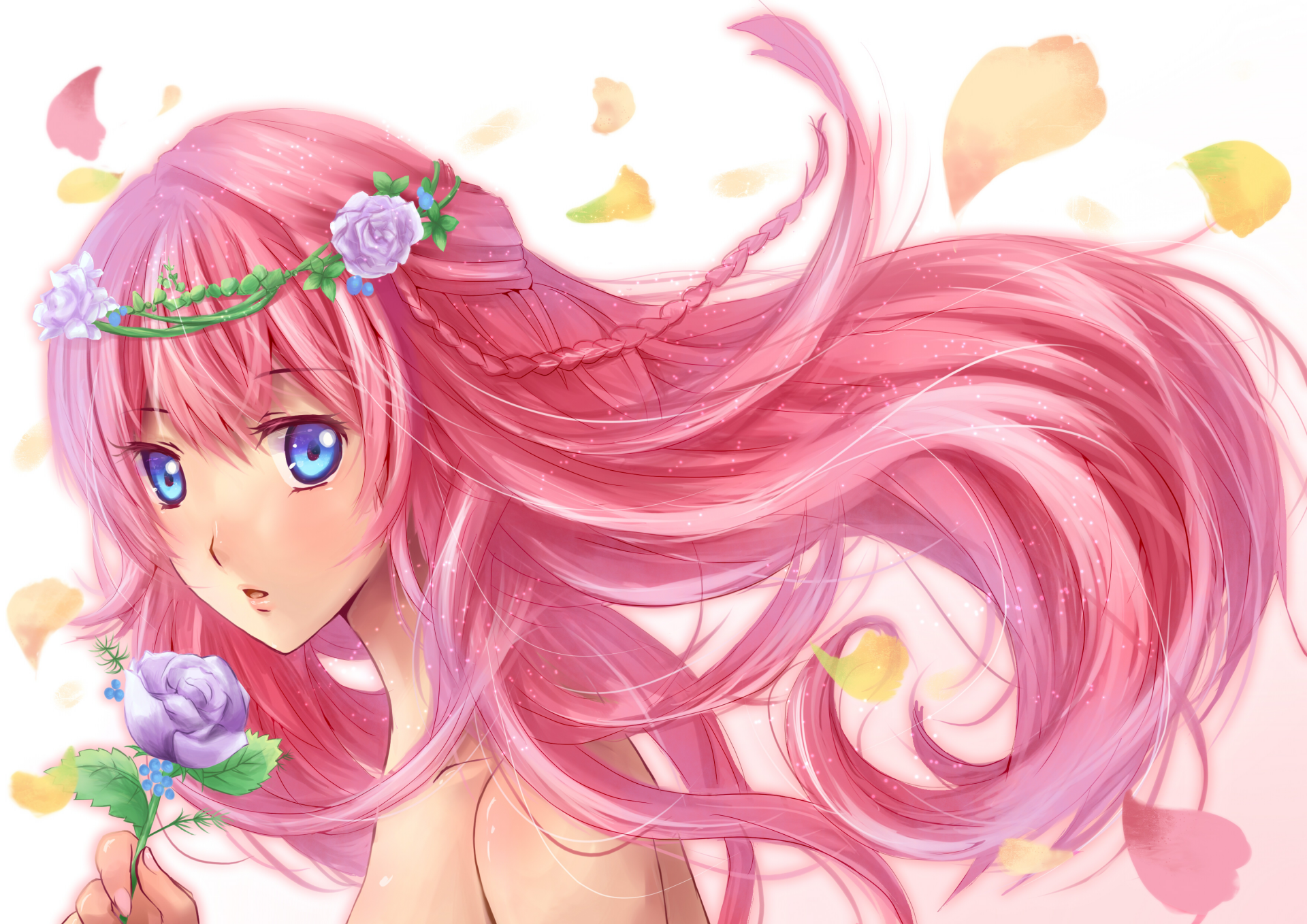 HD anime-style desktop wallpaper featuring Luka Megurine from Vocaloid with flowing pink hair, blue eyes, and a floral crown surrounded by falling petals.