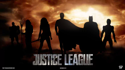 HD desktop wallpaper featuring silhouettes of Flash, Cyborg, Aquaman, Wonder Woman, Batman, and Superman against a dramatic sky, with Justice League text at the bottom.