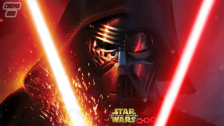 HD PC wallpaper featuring Kylo Ren with his red lightsaber and Darth Vader’s mask in the background from Star Wars Episode VII: The Force Awakens.