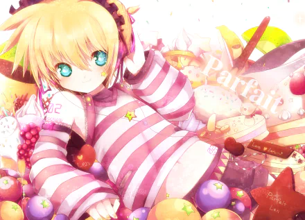 HD anime desktop wallpaper featuring Len Kagamine from Vocaloid reclining amidst colorful sweets and desserts in a bright, vibrant setting.