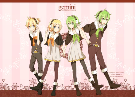 HD anime desktop wallpaper featuring Vocaloid characters Gumiya, Len Kagamine, Rin Kagamine, and GUMI in coordinated outfits on a pink background.