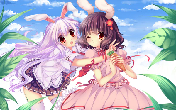HD PC wallpaper/background: Touhou anime characters Reisen Udongein Inaba and Tewi Inaba, two bunny-eared girls (white-haired Reisen, dark-haired Tewi) hugging with a carrot under blue sky.