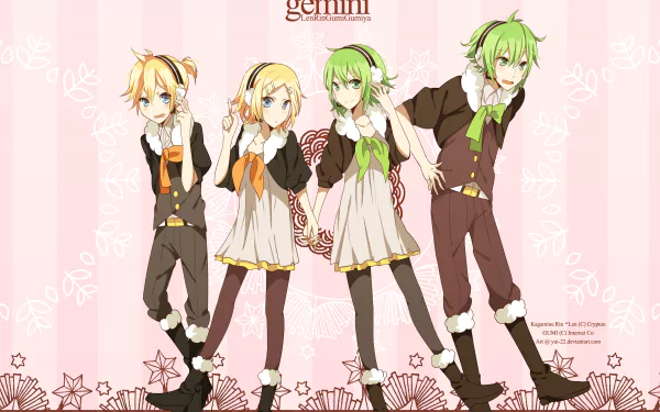 HD anime desktop wallpaper featuring Vocaloid characters Gumiya, Len Kagamine, Rin Kagamine, and GUMI in coordinated outfits on a pink background.