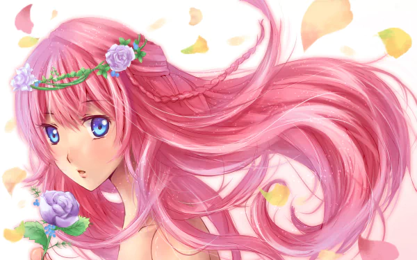 HD anime-style desktop wallpaper featuring Luka Megurine from Vocaloid with flowing pink hair, blue eyes, and a floral crown surrounded by falling petals.