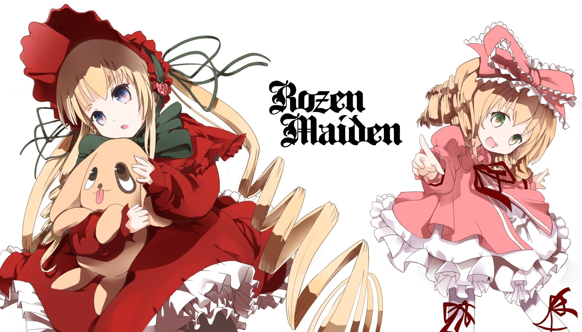 Rozen Maiden 4K Ultra HD PC desktop wallpaper: Shinku hugging plush Kun-kun and Hinaichigo in frilly anime dresses with the Rozen Maiden logo.