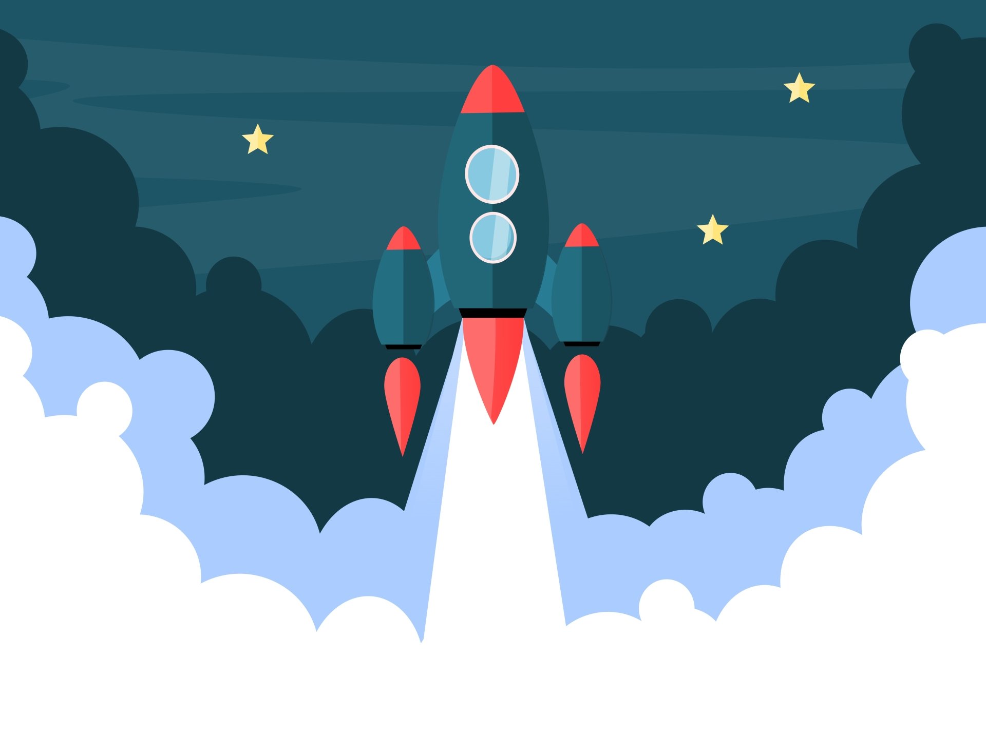 5K Ultra HD PC desktop wallpaper and background showing a sci-fi spaceship rocket blasting through smoke and clouds into a starry night sky.