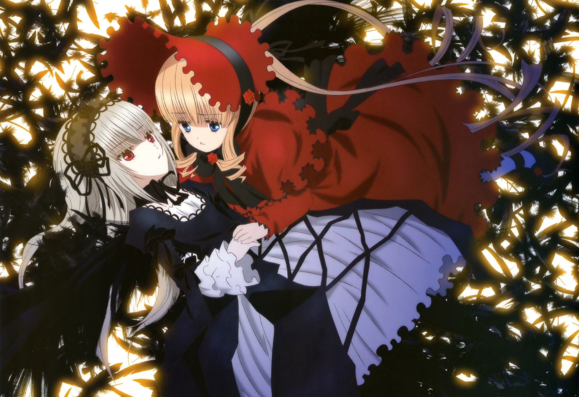 4K Ultra HD PC wallpaper of Suigintou and Shinku (Rozen Maiden) anime: Suigintou in black lace cradling Shinku in a red dress amid glowing golden petals on a dark backdrop.