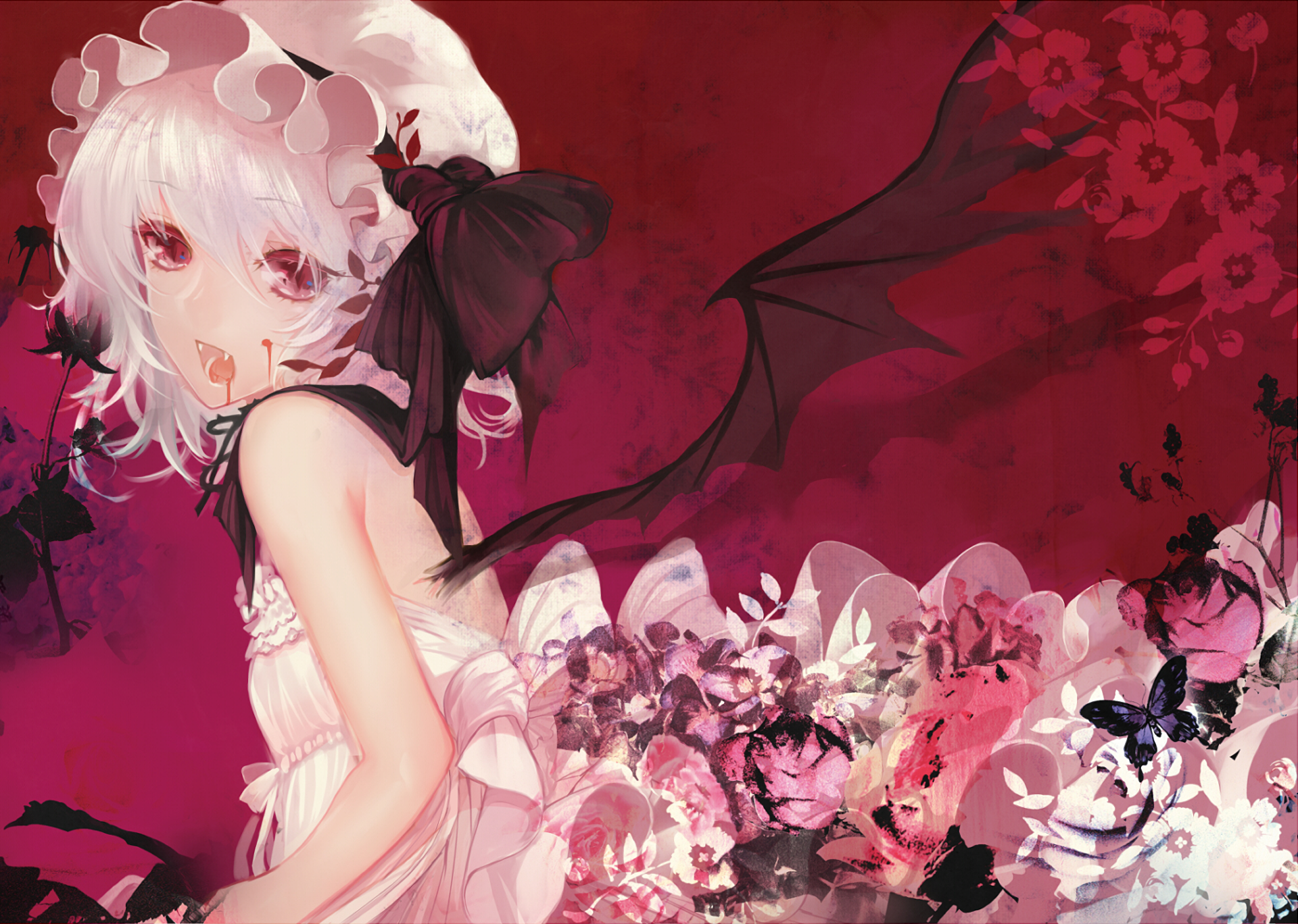 Anime Touhou HD PC desktop wallpaper/background: white-haired girl in a frilly dress with bat wings posed against a deep red, floral-grunge backdrop.