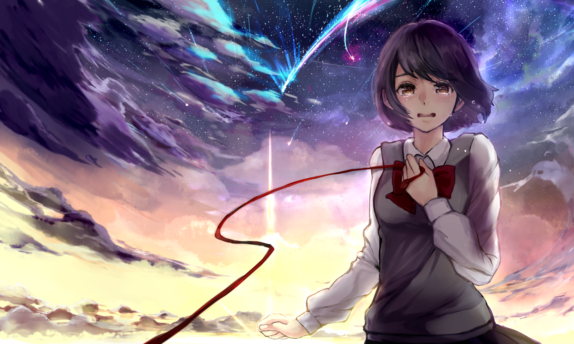 A stunning HD desktop wallpaper featuring Mitsuha Miyamizu from the anime Your Name, set against a vibrant starry sky filled with cosmic colors and ethereal clouds.