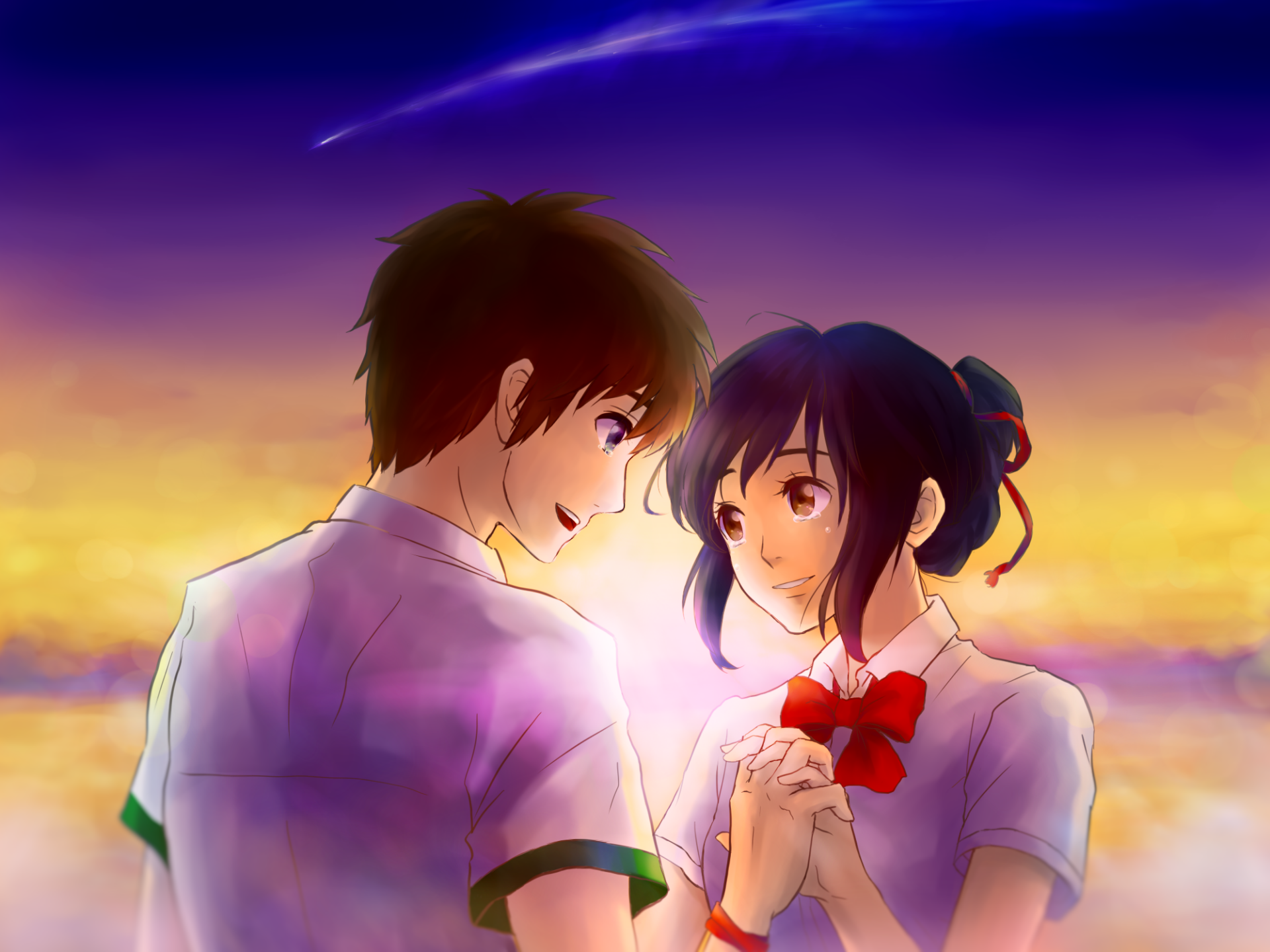 HD anime desktop wallpaper featuring Taki Tachibana and Mitsuha Miyamizu from Your Name., sharing a tender moment against a vibrant sunset sky.