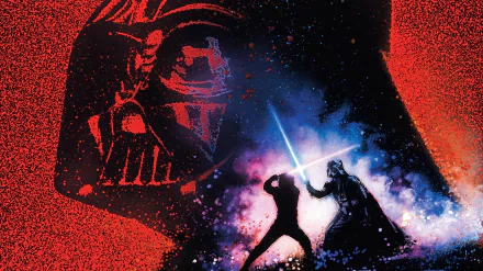 HD PC desktop wallpaper featuring Darth Vader in a lightsaber duel from Star Wars Episode VI: Return of the Jedi, with a dramatic red and blue color scheme.