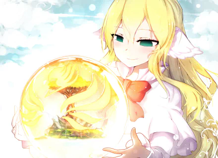 HD desktop wallpaper featuring Mavis Vermilion from the anime Fairy Tail, holding a glowing sphere, with a serene sky background.