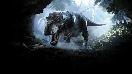 HD PC desktop wallpaper from the video game Robinson: The Journey featuring a detailed, roaring dinosaur in a misty jungle environment.