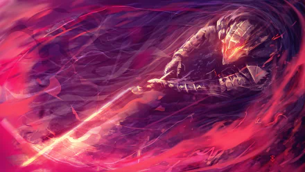 HD desktop wallpaper featuring Guts from Berserk, depicted in an intense, dynamic action pose with vibrant red and purple colors swirling around him.