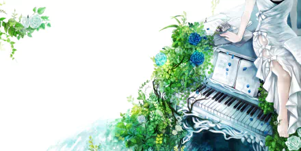 HD PC desktop wallpaper background: white anime scene with a white piano entwined in blue-green flowers, a white-dressed anime figure touching the keys, a serene musical tableau.