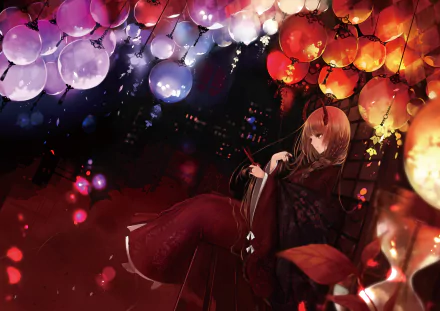 An enchanting anime scene showcases a character in a flowing dress surrounded by vibrant lanterns, creating a captivating atmosphere. An HD desktop wallpaper and background.