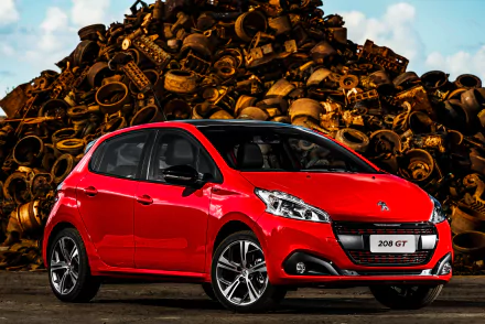 A red Peugeot 208 compact car with black roof details is parked in front of a large pile of tires, captured in a sharp 4K Ultra HD wallpaper image.