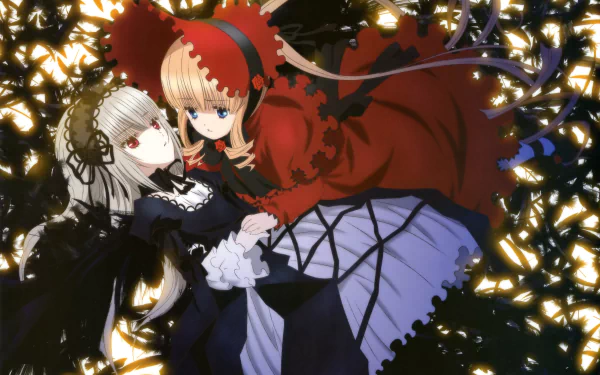 4K Ultra HD PC wallpaper of Suigintou and Shinku (Rozen Maiden) anime: Suigintou in black lace cradling Shinku in a red dress amid glowing golden petals on a dark backdrop.
