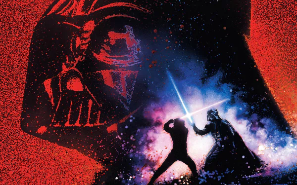 HD PC desktop wallpaper featuring Darth Vader in a lightsaber duel from Star Wars Episode VI: Return of the Jedi, with a dramatic red and blue color scheme.