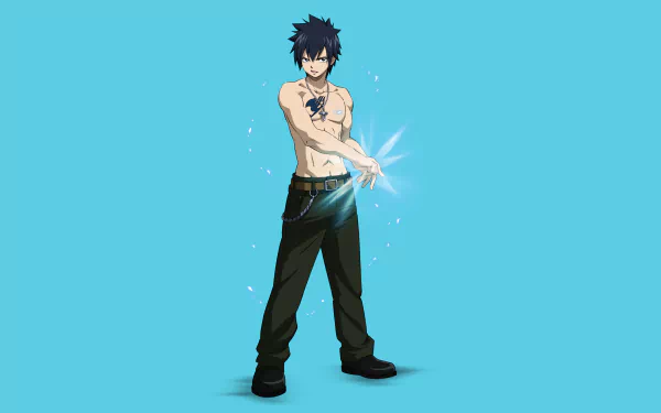 Gray Fullbuster from the anime Fairy Tail stands confidently with glowing energy in hand, set against a clean blue background in this 4K Ultra HD desktop wallpaper.