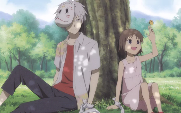Gin and Hotaru Takegawa from the movie Into the Forest of Fireflies' Light sit by a tree in a sunlit forest clearing. 4K Ultra HD PC wallpaper background.