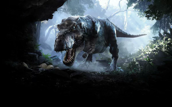 HD PC desktop wallpaper from the video game Robinson: The Journey featuring a detailed, roaring dinosaur in a misty jungle environment.