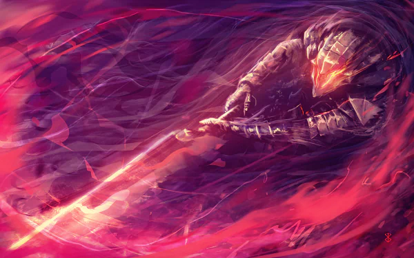 HD desktop wallpaper featuring Guts from Berserk, depicted in an intense, dynamic action pose with vibrant red and purple colors swirling around him.