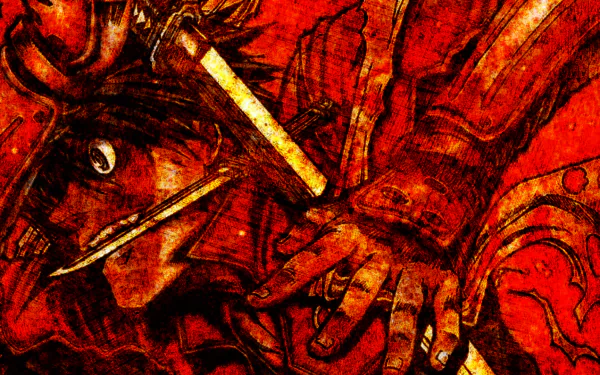 Crimson textured HD PC desktop wallpaper of Toyohisa Shimazu from Drifters, intense close-up as he grips a sword.