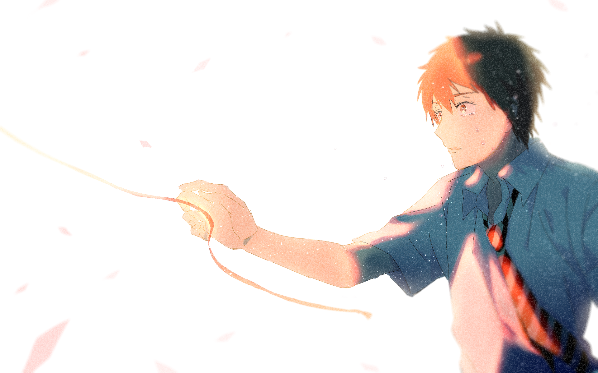 HD PC desktop wallpaper featuring Taki Tachibana from the anime Your Name., depicted with soft lighting and a glowing red string against a bright background.