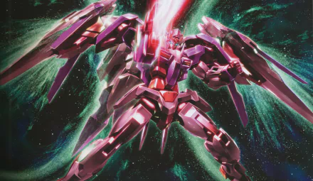 HD PC desktop wallpaper featuring a dynamic Mobile Suit Gundam 00 anime mecha unleashing a powerful energy beam against a cosmic backdrop.