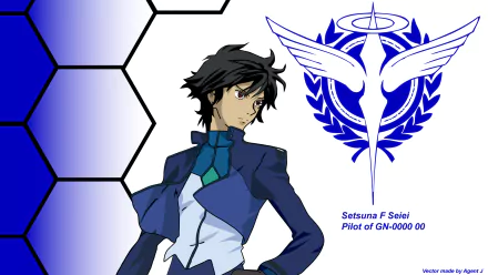 Anime HD PC desktop wallpaper and background featuring Setsuna F. Seiei from Mobile Suit Gundam 00 against a blue hexagon motif with the Celestial Being emblem.