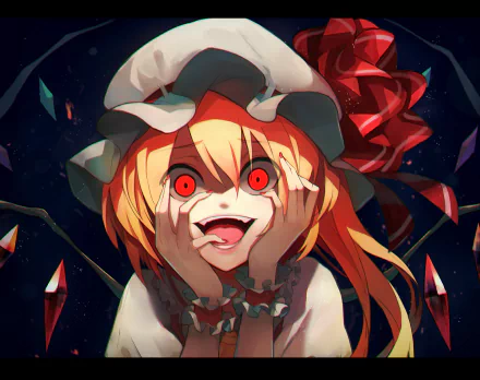 HD PC desktop wallpaper and background: Flandre Scarlet (Touhou) anime close-up with glowing red eyes, manic grin, frilled white cap, red ribbon and dark crystalline wings.