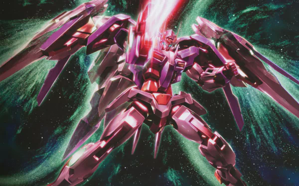 HD PC desktop wallpaper featuring a dynamic Mobile Suit Gundam 00 anime mecha unleashing a powerful energy beam against a cosmic backdrop.