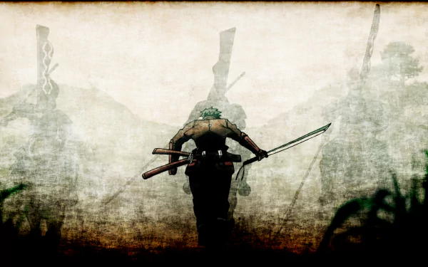 HD PC desktop wallpaper featuring Toyohisa Shimazu from the anime Drifters, depicted in a dramatic, misty battlefield scene wielding a sword.