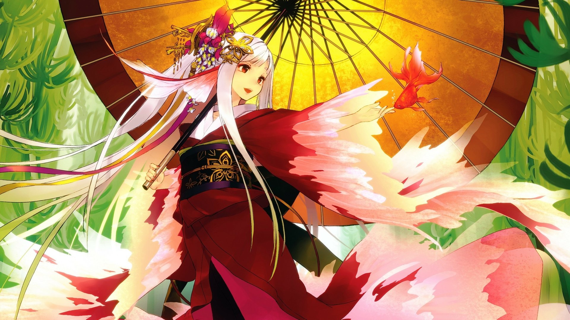 Beautiful geisha, golden, green eyes, manga, yellow, bow, geisha, water,  girl, HD wallpaper