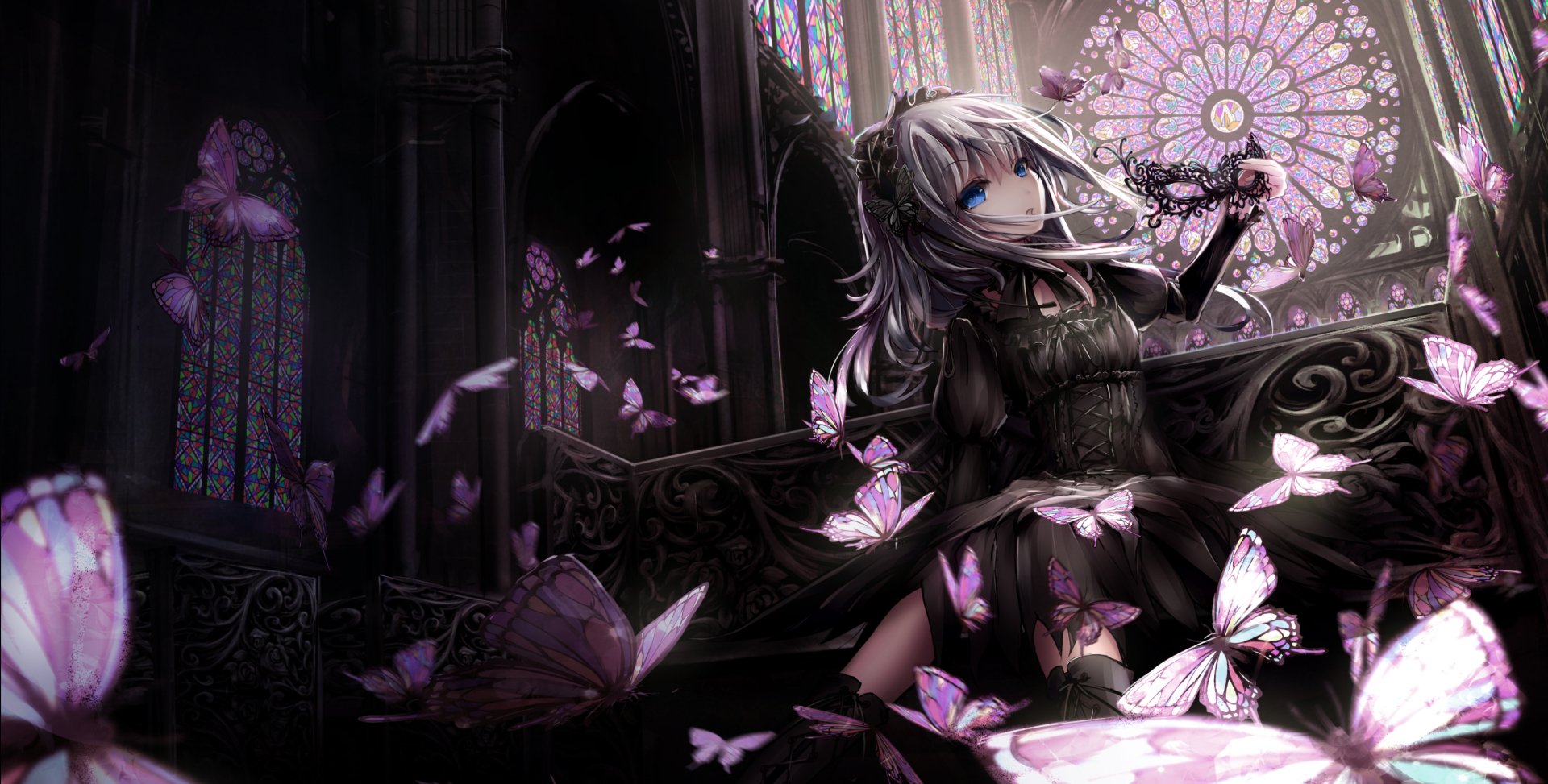 A captivating original anime wallpaper featuring a girl in a dark dress surrounded by butterflies, set against an ornate stained glass backdrop in a gothic environment.