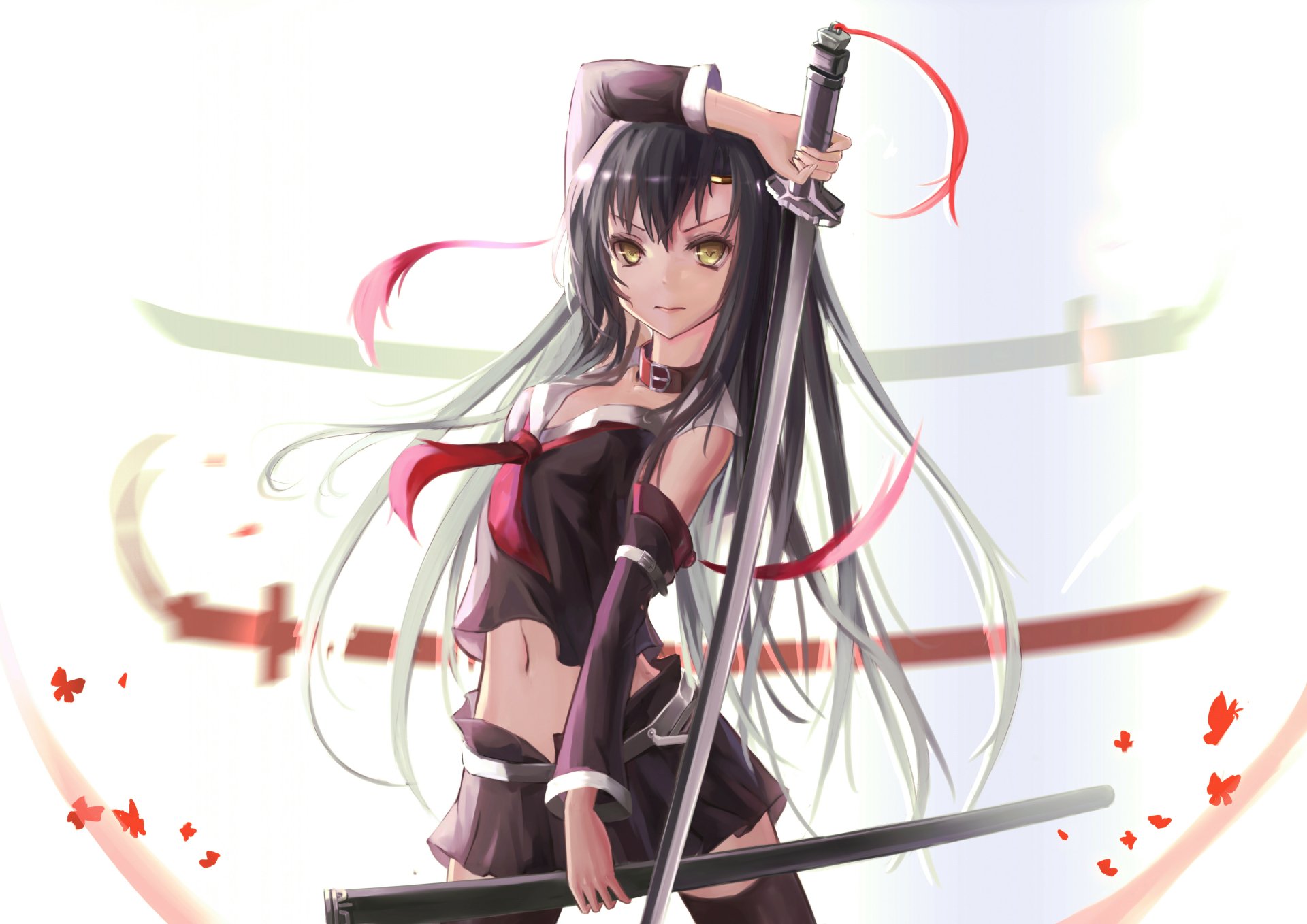 Anime-style original character with long black hair, holding a sword, set against a bright background with red ribbons and butterflies; rendered in 4K Ultra HD for PC desktop.