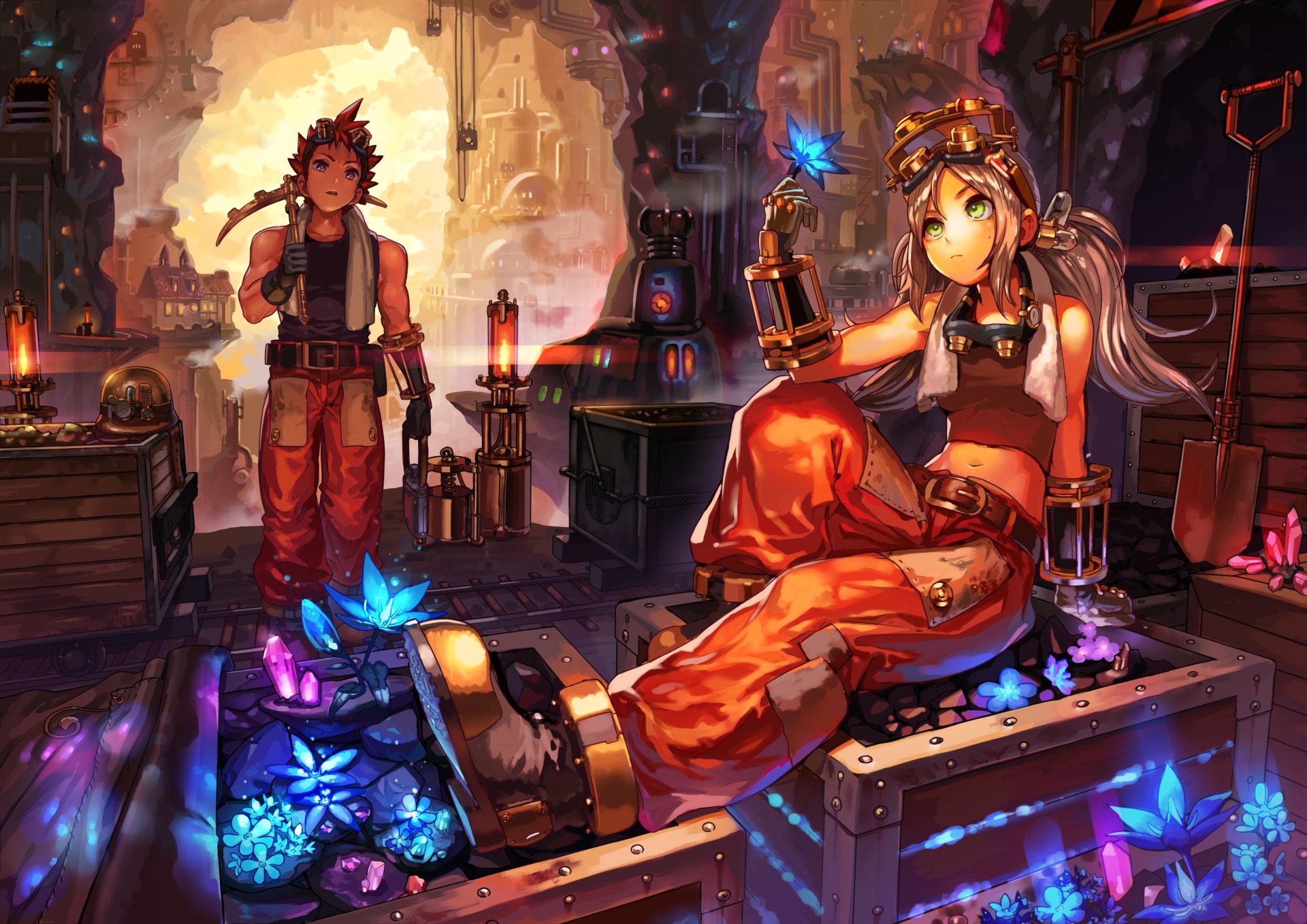 A vibrant anime scene featuring two characters in a workshop, surrounded by glowing crystals. This original artwork is designed as a 4K Ultra HD PC desktop wallpaper and background.