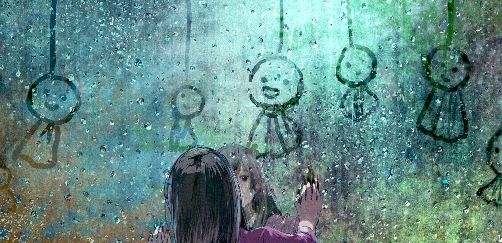 A reflective anime girl touches a rainy window adorned with simple stick figure drawings. This HD desktop wallpaper features water drops and a tranquil, pensive atmosphere.