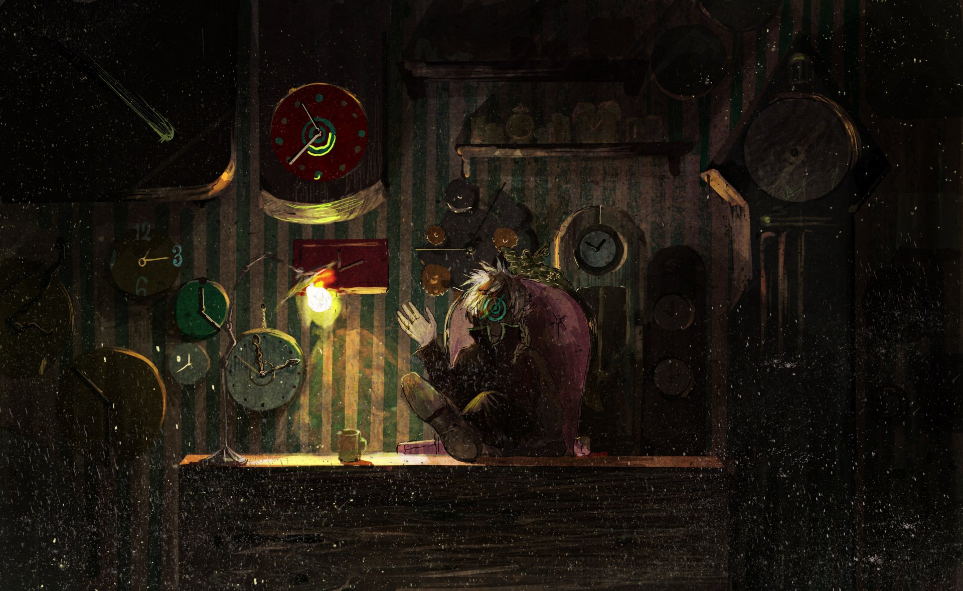 Anime-style original artwork depicting a pensive figure in a dimly lit room filled with clocks, rendered as a 4K Ultra HD PC desktop wallpaper background.
