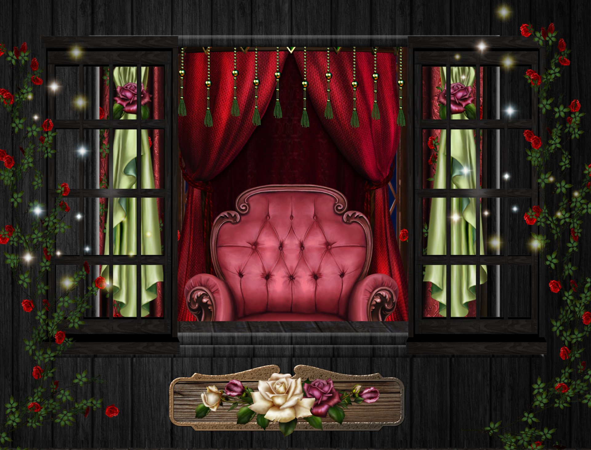 Artistic HD desktop wallpaper featuring a plush pink chair framed by rich red curtains, with pink and red roses climbing around window panes.