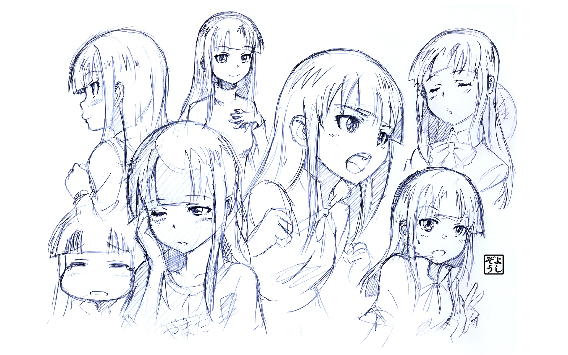 HD PC desktop wallpaper/background — anime (Working!!) pencil-style sketches of one female character displaying multiple expressions and poses.