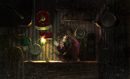 Anime-style original artwork depicting a pensive figure in a dimly lit room filled with clocks, rendered as a 4K Ultra HD PC desktop wallpaper background.