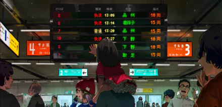 Anime-style 4K Ultra HD desktop wallpaper featuring a crowded train station with digital departure boards and a child sitting on an adult’s shoulders, capturing a dynamic urban scene.