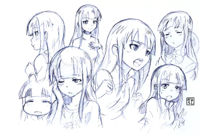 HD PC desktop wallpaper/background — anime (Working!!) pencil-style sketches of one female character displaying multiple expressions and poses.