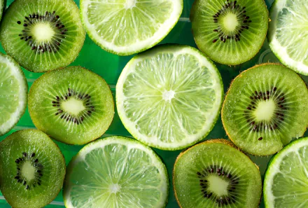 HD desktop wallpaper featuring close-up slices of green kiwi and lime fruits, highlighting vibrant shades of green and fresh, juicy textures.