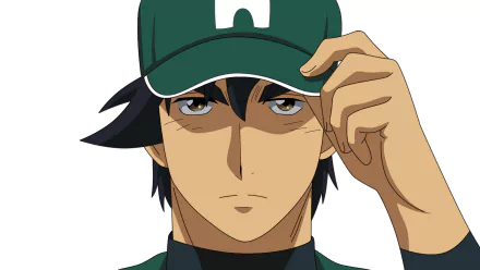HD PC desktop wallpaper featuring Gorou Honda from the anime Major, depicted adjusting his green baseball cap with a focused expression.